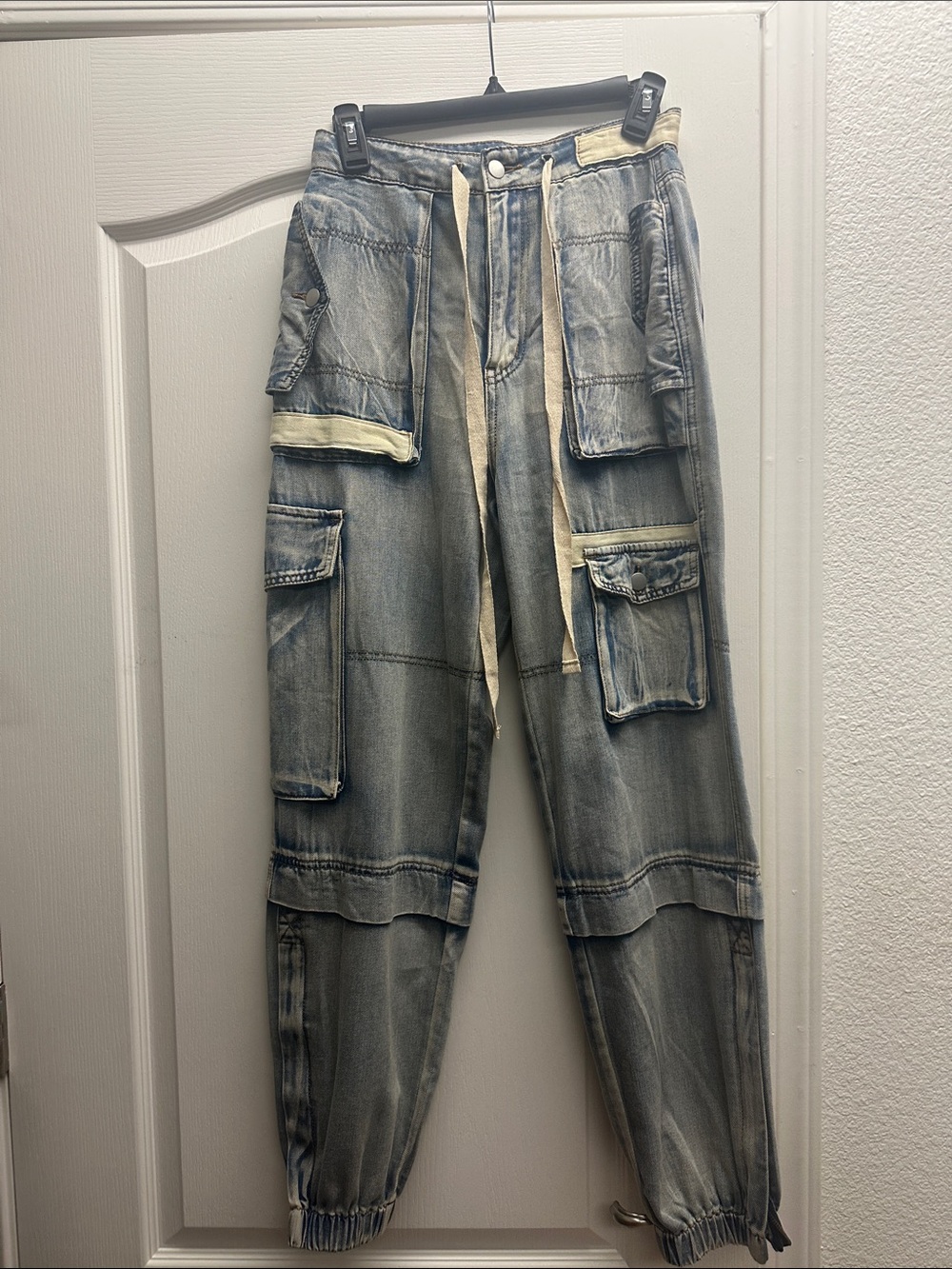 POL Washed Light Blue Cargo Jeans with Drawstring